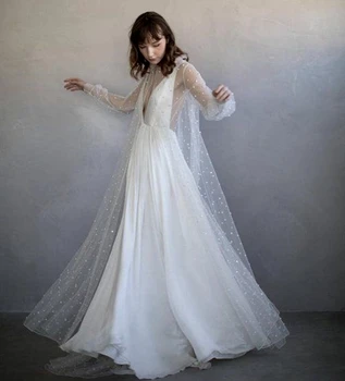 1442 # Двойка, платье Невесты со шлейфом из жемчужного тюля с длинным рукавом, Свадебное платье для невесты, vestidos de novia