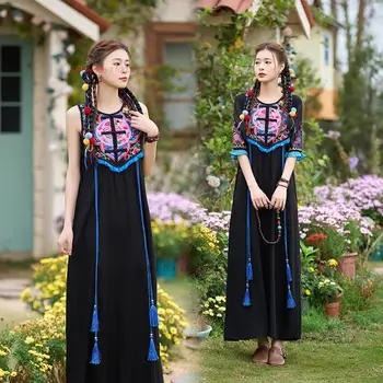 2023 китайское винтажное хлопчатобумажное льняное платье с национальной цветочной вышивкой, платье без рукавов в восточном этническом народном стиле, длинное платье с кисточками