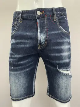 2023 Летние Новые Джинсовые шорты Мужские с Нашивкой на дырках и буквенным принтом Slim Fit Jeans