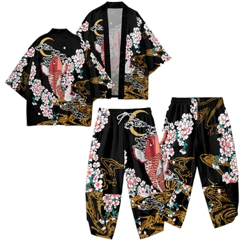 5XL 6XL Кимоно Кардиган Брюки Комплект Традиционный японский Костюм Самурая Мужчины Женщины Рубашка с цветочным принтом Рыбы Хаори Юката