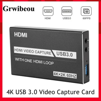 Grwibeou Карта Видеозахвата 4K USB 3.0, Совместимая с HDMI, 1080P 60 кадров в секунду, HD-Видеомагнитофон, Граббер Для OBS-захвата игровой карты в реальном времени