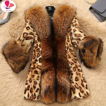 S-6XL С леопардовым принтом, Сексуальные пальто из натурального лисьего меха, Верхняя одежда, Женское пальто из цельного меха, куртки, воротник из меха енотовидной собаки