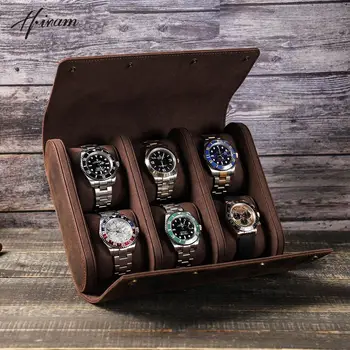 Винтаж из натуральной кожи 6 слотов смотреть организаторы чехол роскошный дизайн для мужчин часы в подарочной коробке часы дисплей чехол для хранения ювелирных изделий 