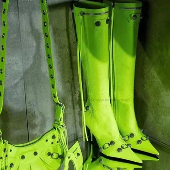 Декор Из металлических Заклепок, Зеленые Ботинки с острым носком и Кисточками, Женская обувь выше колена на молнии сбоку, на тонком высоком Каблуке 2023, Zapatos Para Mujere