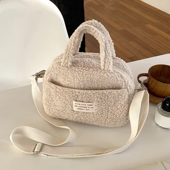 Женская сумка с верхней ручкой и застежкой-молнией, сумка через плечо, Мягкая Пушистая сумка-ранец, однотонная Женская зимняя сумка на каждый день