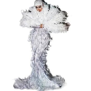 Женские платья со сверкающими стразами, Платья с длинными рукавами из белых перьев, одежда для выступлений певиц и танцовщиц в ночном клубе