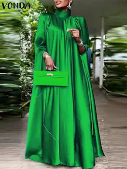 Женское платье размера плюс 5XL 2023, Элегантное атласное платье со стоячим воротником VONDA, длинный рукав 