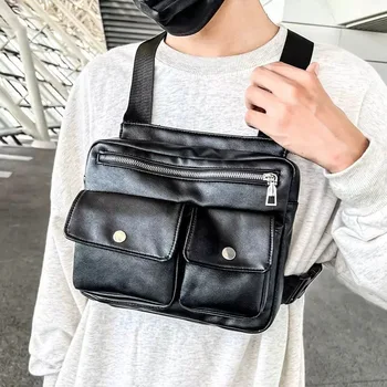 Кожаная функциональная тактическая нагрудная сумка для мужчин, Модная уличная одежда, жилет в стиле хип-хоп, Повседневная поясная сумка, Черная брендовая мужская сумка для снаряжения на спине
