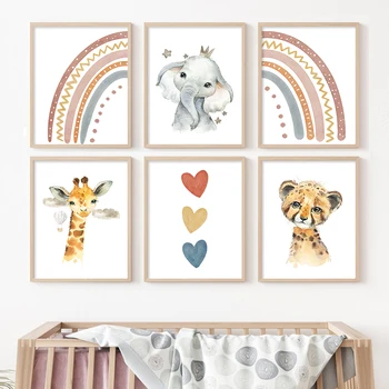 Мультяшный Слон, радужное сердце, акварельные плакаты для детской, холст, Настенная художественная печать, фотографии для девочек и мальчиков, украшение дома