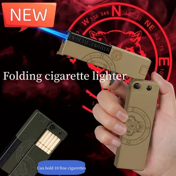 Новая Складная коробка для сигарет в форме пистолета, надувная зажигалка, открытый портативный ветрозащитный прямой удар, синее пламя, креативный инструмент
