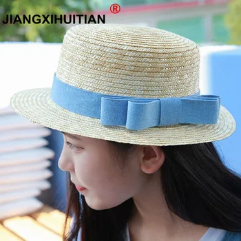 оптовая продажа, солнцезащитная плоская соломенная шляпа, канотье, шляпа для девочек с бантом, летние Шляпы Для женщин, Пляжная плоская панама, соломенная шляпа, вводная часть, 48-52-54-58 см