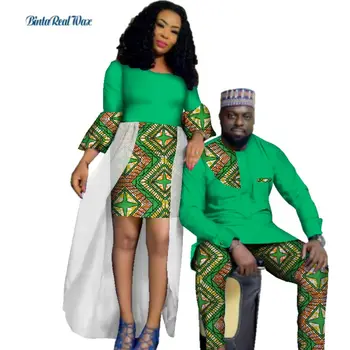 Осенние платья из пряжи с африканским принтом для женщин, комплекты мужской рубашки и брюк Bazin, одежда для влюбленных пар, Одежда африканского дизайна WYQ72