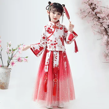 Платье для девочек в китайском стиле Хань Фу, платье с цветочным узором для девочек, Драматургический халат, Платье для детей, Китайская традиционная Древняя Новогодняя одежда