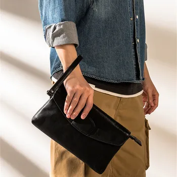 Простая повседневная роскошная дизайнерская мужская черная большая сумка-клатч из воловьей кожи первого слоя для повседневной работы, сумка для ключей и телефона из натуральной воловьей кожи для вечеринок