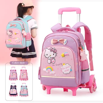 Рюкзак на колесиках для девочек, школьные сумки на колесиках с рисунком кота, Детская ручная кладь на колесиках, Mochila Escolar Infantil Para Menina