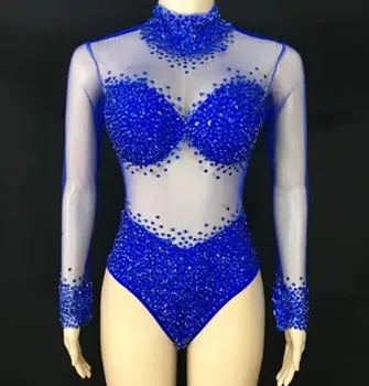 Сексуальные синие камни, Прозрачная одежда для танцев, наряд для вечеринки по случаю Дня рождения, стразы, боди, танцевальный костюм певицы wangsha