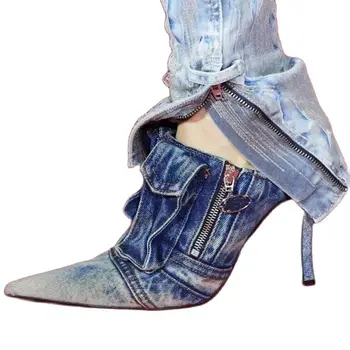 Синие Джинсовые Тапочки с застежкой-молнией и декором, Женская обувь с острым носком, Укороченный каблук, Пикантные женские туфли на тонком высоком каблуке, 2023 Zapatos Para Mujere