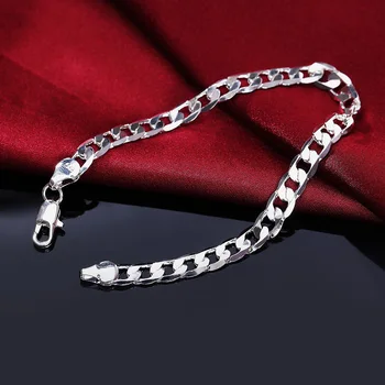 Тонкий браслет-цепочка из стерлингового серебра 925 пробы, Классический 6 мм геометрический боковой браслет-цепочка для мужчин и женщин, модные подарки для свадебной вечеринки, темпераментные ювелирные изделия