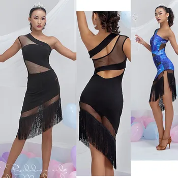 черно-синее платье для латиноамериканской сальсы с бахромой, костюмы для танцев Samba, платье для латиноамериканских танцев с длинной кисточкой W21A175
