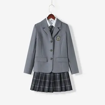 Японская школьная форма для девочек, темно-синий костюм, куртка + Белая рубашка + клетчатая юбка + Галстук + значок, 5 шт./ комплект одежды для классов